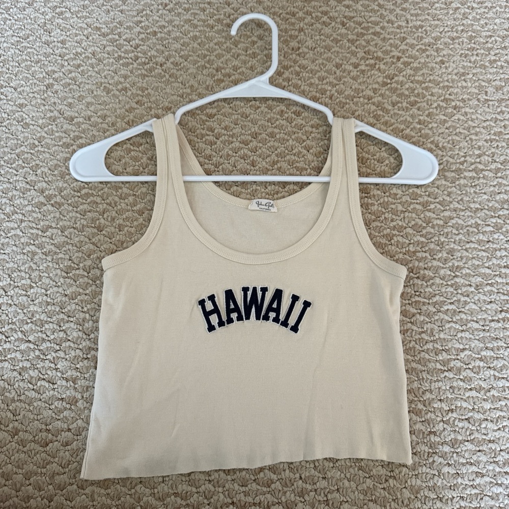 John Galt/Brandy Melville Cream and Blue Fitted Crop Tank Top
